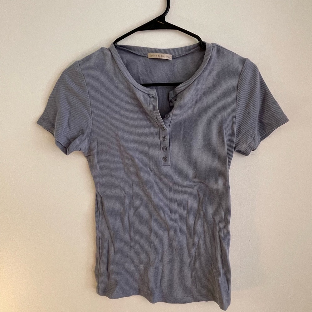 Blue Stretchy Quarter Button Women's Top